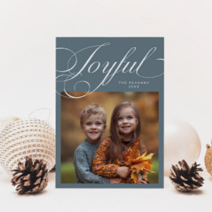 Elegant Joyful Calligraphy Photo Slate Blue Holiday Card