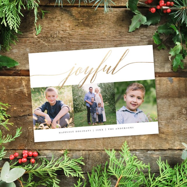Elegant Joyful Gold Script Multi-Photo Holiday Card (Creator Uploaded)