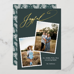 Elegant Joyful Green Calligraphy Photo Pregnancy Foil Holiday Card