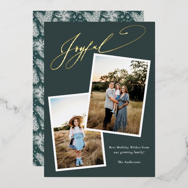 Elegant Joyful Green Calligraphy Photo Pregnancy Foil Holiday Card (Front/Back)