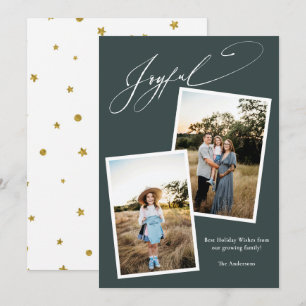 Elegant Joyful Green Calligraphy Photo Pregnancy Holiday Card
