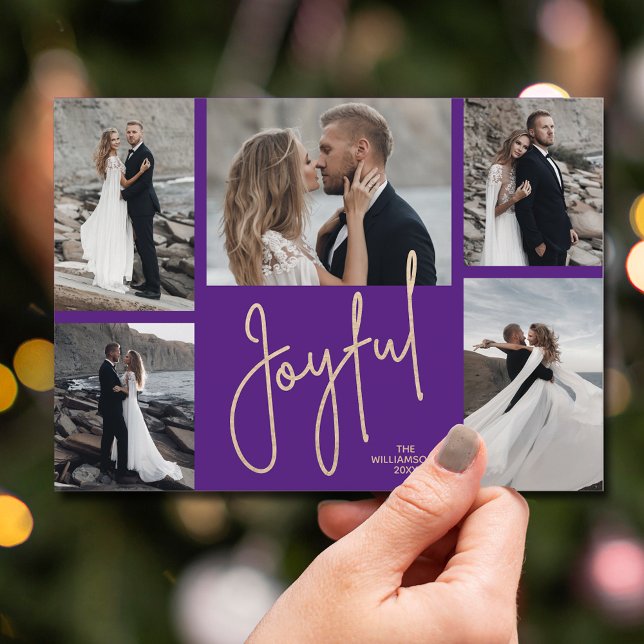 Elegant JOYFUL Multi Photo Purple Christmas Holiday Card (Gold JOYFUL Multi Photo Christmas Holiday Cards - INSTANT DOWNLOAD and/or PRINTED or both!)