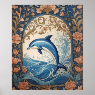 Elegant Jumping Dolphin William Morris Inspired Poster