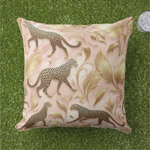 Elegant Jungle Pink and Gold Leopard Outdoor Pillow