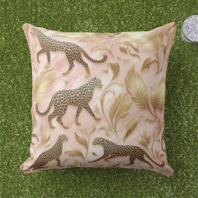 Elegant Jungle Pink and Gold Leopard  Outdoor Pillow (Grass)