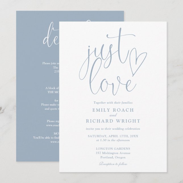 Elegant Just Love All In One Dusty Blue Wedding Invitation (Front/Back)