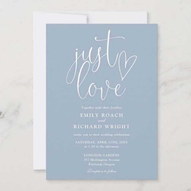 Elegant Just Love All In One Dusty Blue Wedding Invitation (Front)