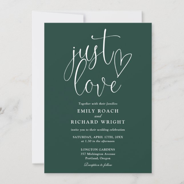 Elegant Just Love All In One Emerald Green Wedding Invitation (Front)