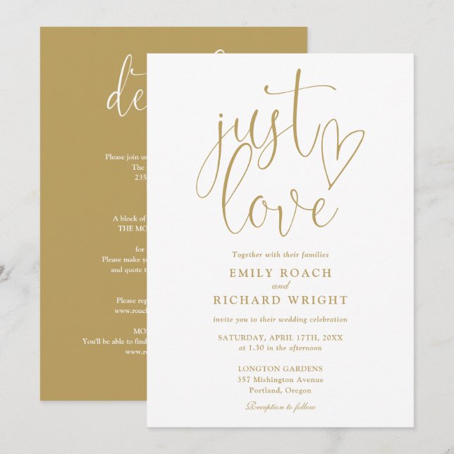 Elegant Just Love All In One Gold Wedding Invitation (Front/Back)