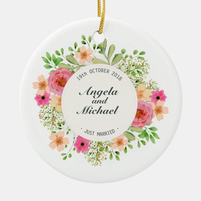 Elegant Just Married Floral Wedding | Ornament (Front)