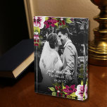 Elegant Just Married Magenta Green Floral Wedding Photo Block<br><div class="desc">This gorgeous photo block has beautiful floral arrangements at the top left and bottom right corners, nestling the customizable just married message, newlyweds names and date of event. The English calligraphy and simple serif fonts gives it the final touch of elegance. You just need to upload your photo and update...</div>