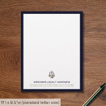 Elegant Justice Scale Logo Letterhead<br><div class="desc">Make a lasting impression with our Elegant Justice Scale Logo Business Letterhead. This letterhead features a distinguished golden justice scale logo and your company information presented in classic typography, all set on a clean white background and framed in rich navy blue. It's the perfect choice for estate planners, lawyers, and...</div>