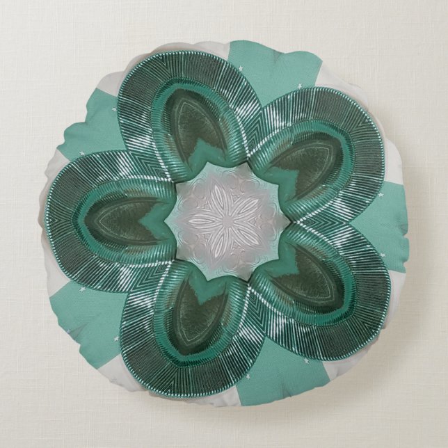 Elegant Kaleidoscope Flower Ribbon Green White Round Pillow (Front)