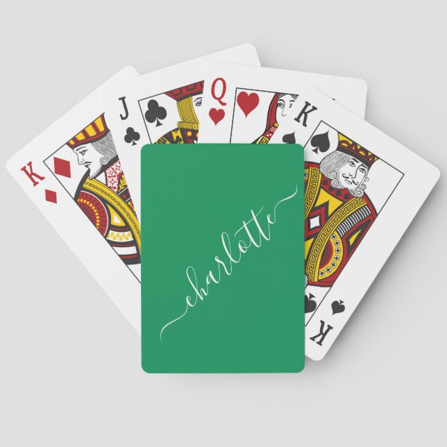 Elegant Kelly Green Script Name Personalized Playing Cards (Back)