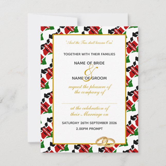 Elegant KENYA FLAG with Gold Script WEDDING Invitation (Front)