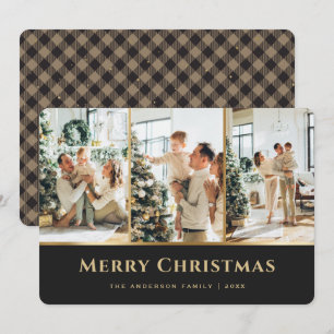 Elegant Khaki Gold Buffalo Plaid Photo Christmas Holiday Card