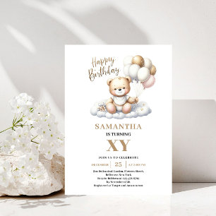 Elegant Kids Birthday Teddy Bear Gold Balloons Invitation