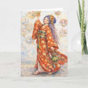 Elegant Kimono Woman with Fan Card