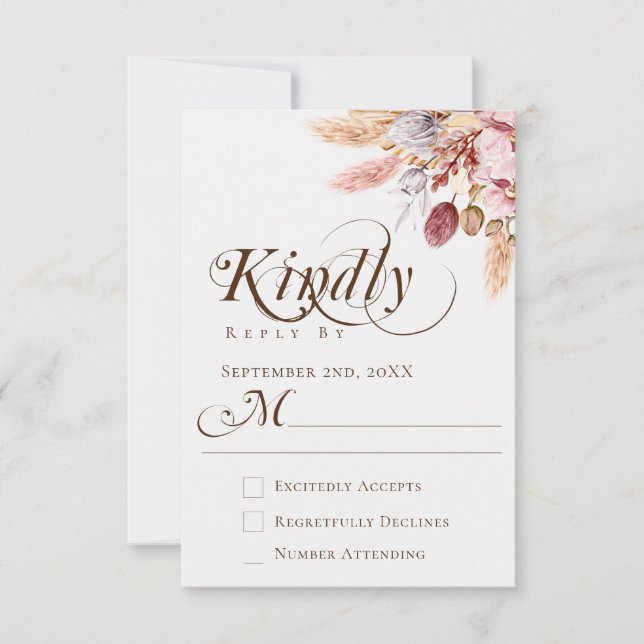Elegant Kindly Reply Boho Pampas Grass Wedding RSVP Card (Front)