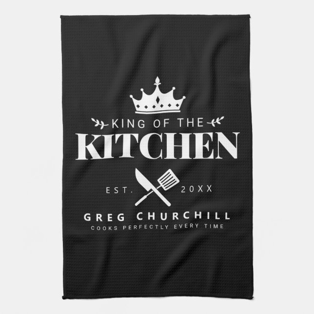 Elegant King of The Kitchen Modern Black with Name Towel (Vertical)