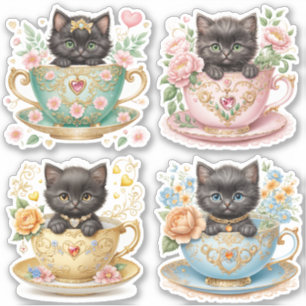 Elegant Kitten in Teacup Stickers -  Floral Design