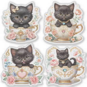 Elegant Kitten in Teacup Stickers -  Floral Design