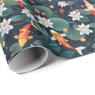 Elegant Koi and Waterlily Wrapping Paper on Indigo