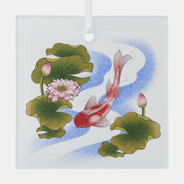 Elegant koi carp in lotus pond  glass ornament (Front)