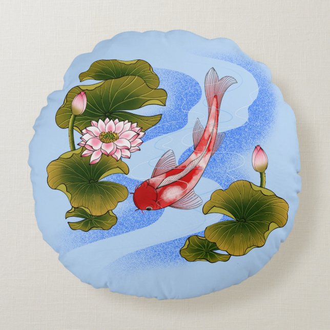 Elegant koi carp in lotus pond  round pillow (Front)