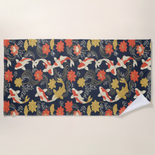 Elegant Koi Fish and Lotus Pattern Beach Towel