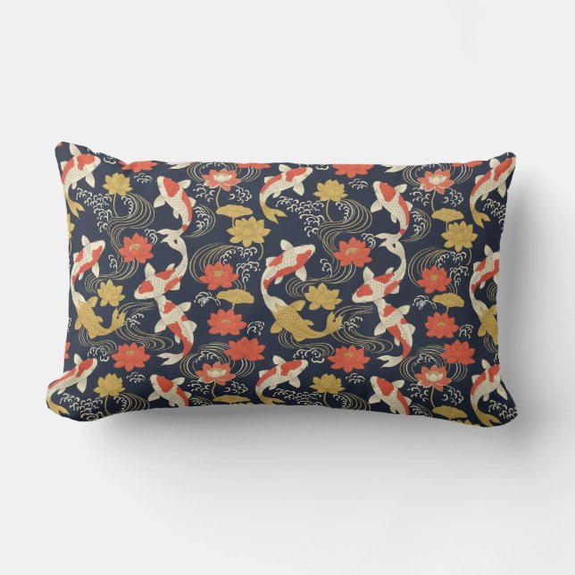 Elegant Koi Fish and Lotus Pattern Lumbar Pillow (Front)