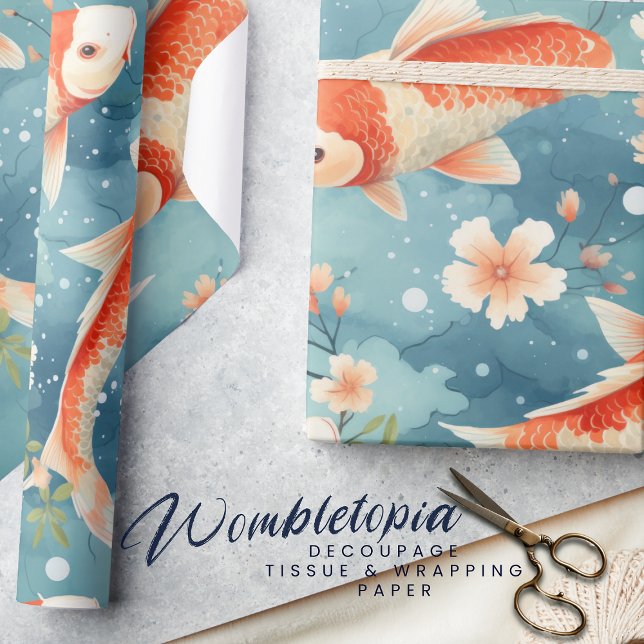 Elegant Koi Fish with Cherry Blossom, Blue, Orange Wrapping Paper (Creator Uploaded)