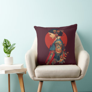 Elegant Korean Woman in Hanbok Portrait Art Canvas Throw Pillow
