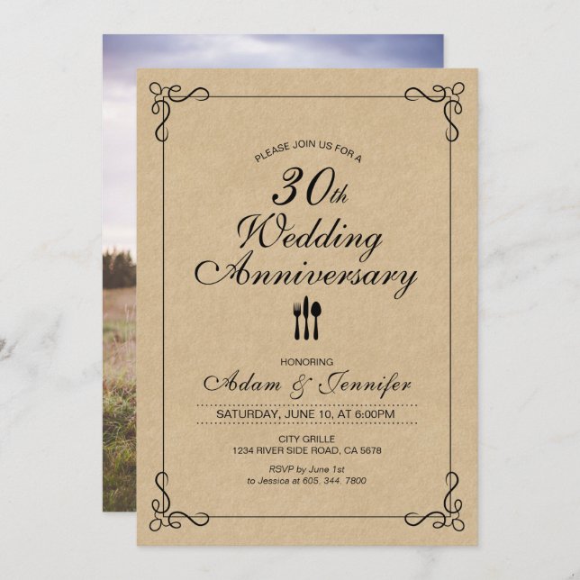 Elégant kraft 30e anniversaire Mariage Invitation (Devant / Derrière)