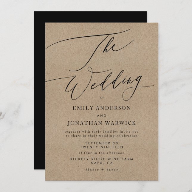 Elegant Kraft Calligraphy Modern Black Wedding Invitation (Front/Back)