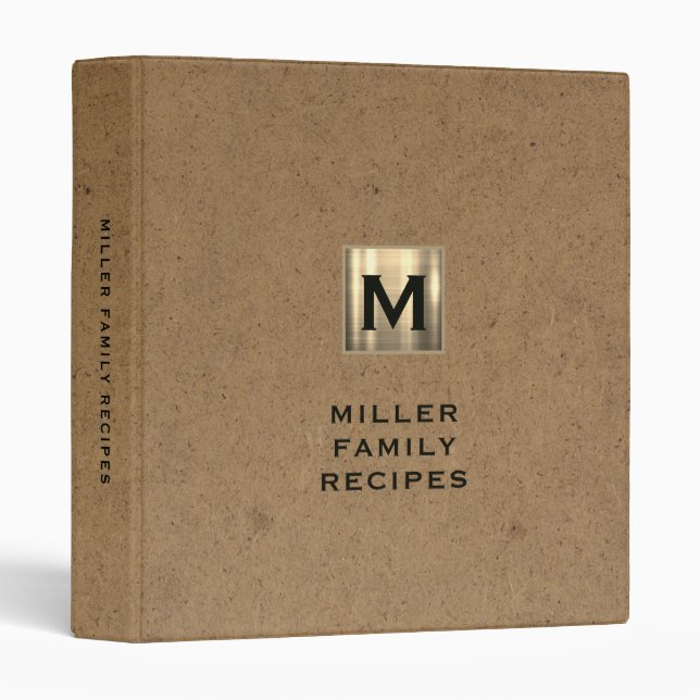 Elegant Kraft Gold Monogram Family Recipe Binder (Front/Spine)