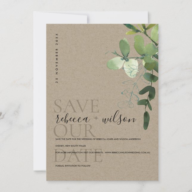 ELEGANT KRAFT GREEN EUCALYPTUS FOLIAGE WATERCOLOR SAVE THE DATE (Front)