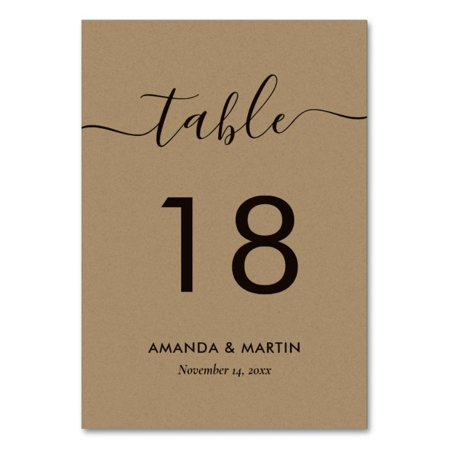 Elegant Kraft Paper Wedding Table Number (Front)