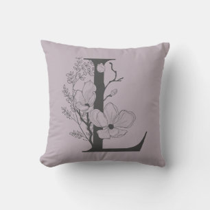 Elegant L Boho Floral Monogram Initial Lilac Grey Throw Pillow