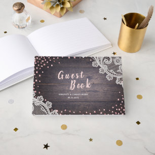 Elegant Lace and wood blush glitter rustic wedding Guest Book