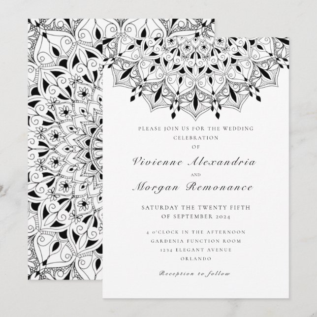 Elegant lace black white mandala wedding invitation (Front/Back)