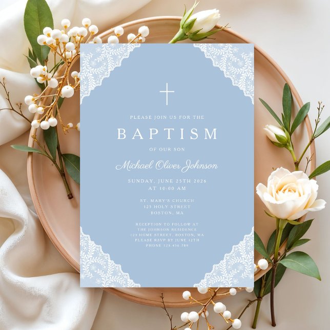 Elegant Lace Blue Baby Boy Baptism Invitation (Elegant Lace Navy Blue Baby Boy Baptism Invitation)