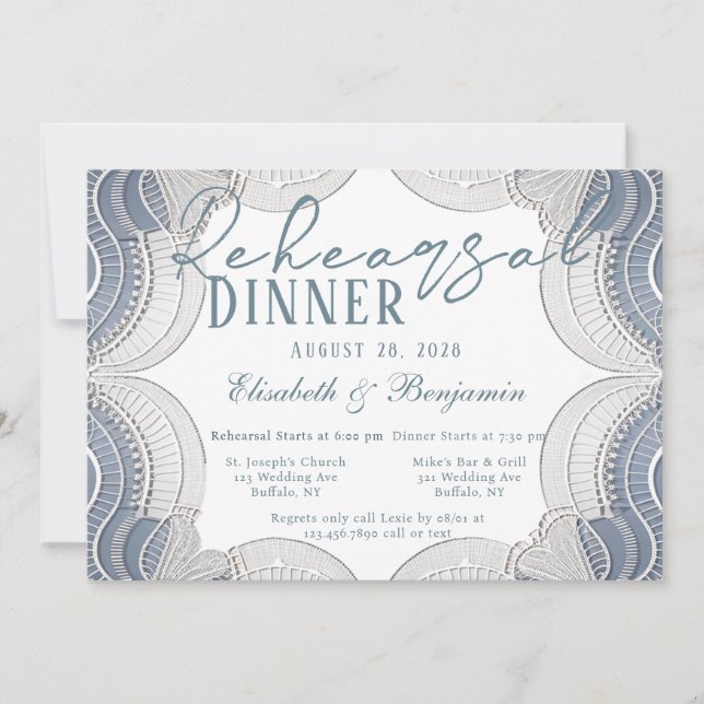 Elegant Lace Border in Blue Rehearsal Dinner Invitation (Front)