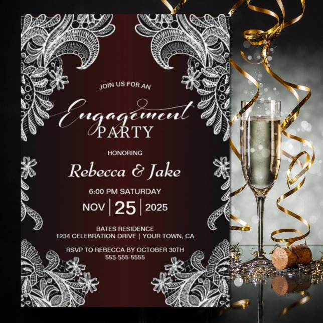 Elegant Lace Burgundy Engagement Party Invitation (Creator Uploaded)