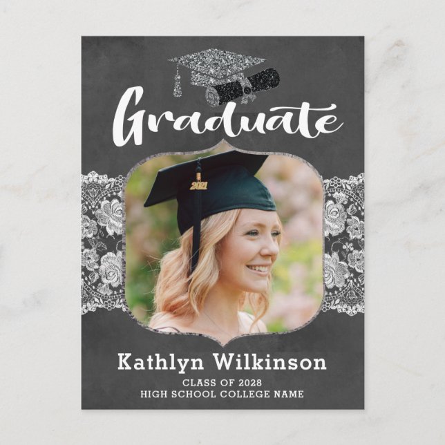 Elegant Lace Chalkboard 2 Photo Grad Invitation Postcard (Front)
