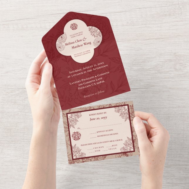 Elegant Lace Floral Chinese Wedding All In One Invitation (Tearaway)