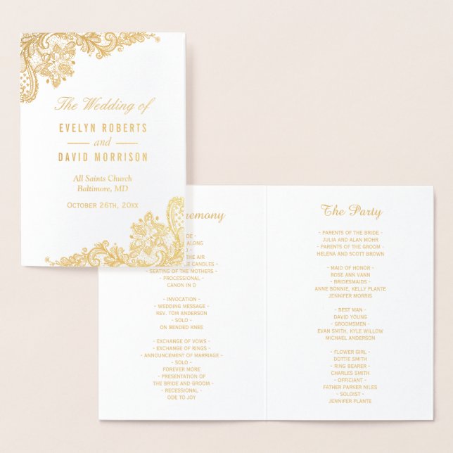 Elegant Lace Floral Real Gold Foil Wedding Program Card (Display)
