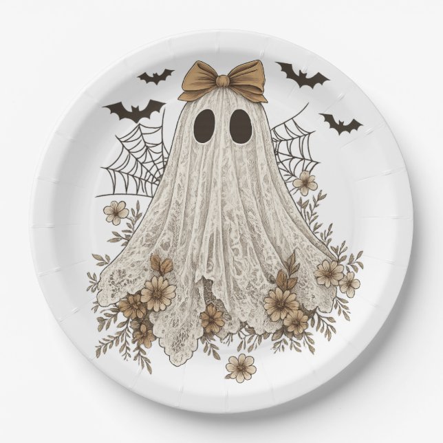 Elegant Lace Ghost with Bow | Floral Ghost  Paper Plate (Front)