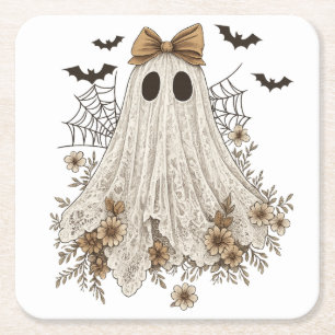 Elegant Lace Ghost with Bow   Floral Ghost  Square Paper Coaster