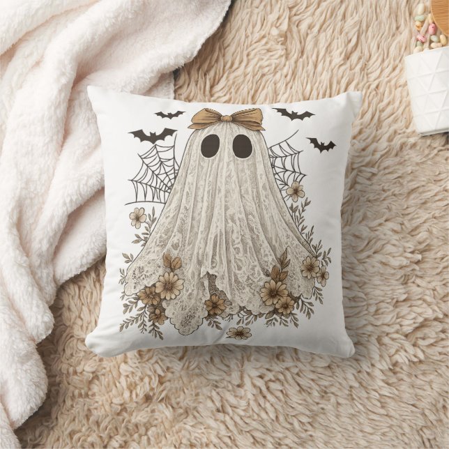 Elegant Lace Ghost with Bow | Floral Ghost  Throw Pillow (Blanket)